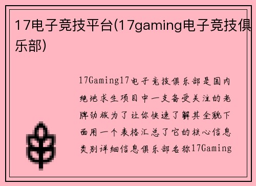 17电子竞技平台(17gaming电子竞技俱乐部)
