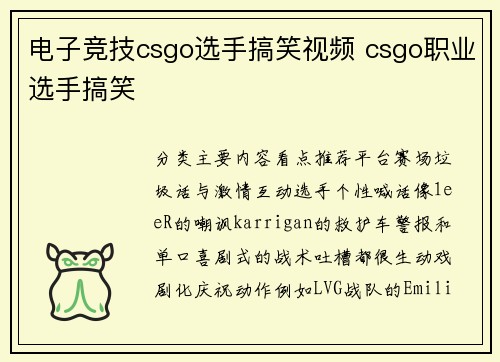 电子竞技csgo选手搞笑视频 csgo职业选手搞笑